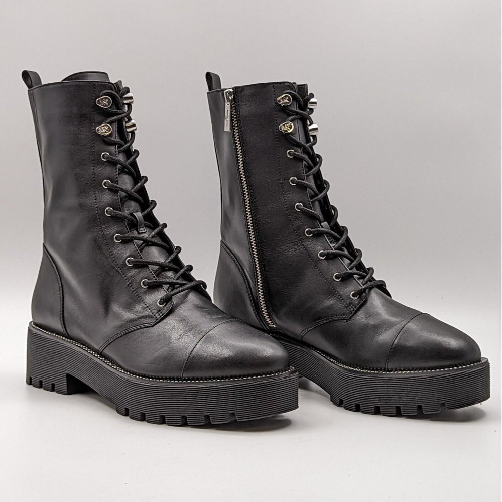 Michael Kors Women Bryce Platform Black Leather Lace Combat Boots US 9.5 M NEW